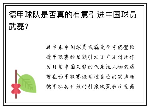 德甲球队是否真的有意引进中国球员武磊？